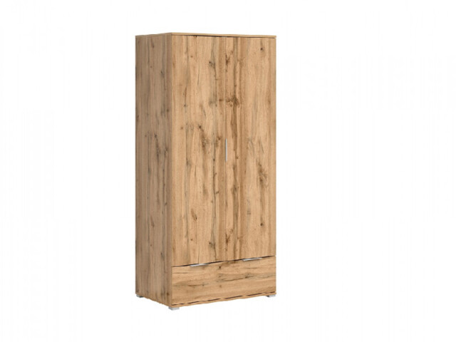 Modern Free Standing 2-Door Double Wardrobe Full Length Drawer Oak Effect 90cm - Zele - image 1