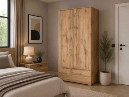 Double Wardrobe with Drawer Modern Free Standing 2 Door Storage Oak Effect 90cm – Zele - thumbnail 1
