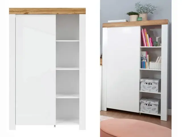 Bookcase Shelving Display Unit Storage White Gloss Cabinet Compact Scandi Oak Storage - Holten - image 1