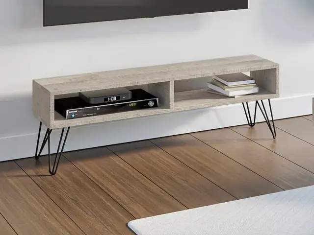 Hairpin TV Cabinet with Shelf Living Room Industrial Metal Legs Platinum Grey Oak Effect 110cm Loft - Mare - image 1