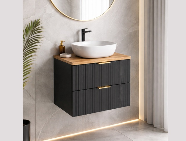 Black Bathroom Vanity Unit with Sink Oak Countertop Basin 600mm Fluted Wall Hung Floating Drawers - Adel - image 1