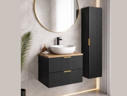 Black Bathroom Vanity Unit with Sink Oak Countertop Basin 600mm Fluted Wall Hung Floating Drawers - Adel - thumbnail 3