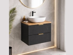 Black Bathroom Vanity Unit with Sink Oak Countertop Basin 600mm Fluted Wall Hung Floating Drawers - Adel