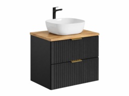 Black Bathroom Vanity Unit with Sink Oak Countertop Basin 600mm Fluted Wall Hung Floating Drawers - Adel - thumbnail 4