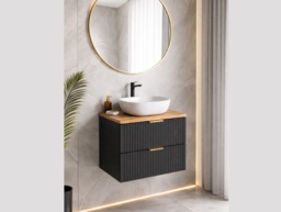 Black Bathroom Vanity Unit with Sink Oak Countertop Basin 600mm Fluted Wall Hung Floating Drawers - Adel - thumbnail 2