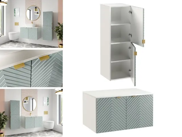Wall Bathroom Set 800mm Vanity Cabinet Tall Storage Unit Ribbed Fluted Soft Green Doors with White Worktop - Cara - image 1