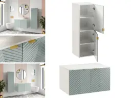 Wall Bathroom Set 800mm Vanity Cabinet Tall Storage Unit Ribbed Fluted Soft Green Doors with White Worktop - Cara - thumbnail 1