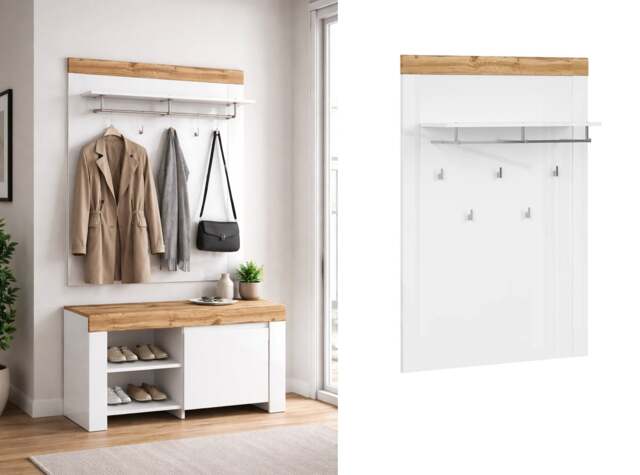 Coat Hooks with Shelf Wall Coat Hanger Panel Slim Storage White Gloss Oak Effect Scandi Hallway - Holten - image 1