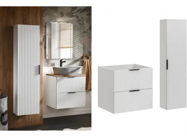 Bathroom 600mm Vanity Set Ribbed Textured White Modern Two Wall Hung Floating Cabinets - Adel - image 1