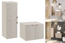 Bathroom Cabinets Set Wall 600mm Vanity Unit, Worktop and Tall Storage Tallboy Ribbed Fluted Cashmere Beige - Cara