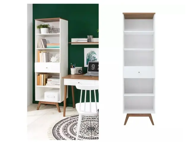 Scandi White Gloss/Walnut finish 1-Drawer Tall Living Room Display Storage Cabinet Bookcase Wooden Legs - Heda - image 1