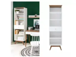 Scandi White Gloss/Walnut finish 1-Drawer Tall Living Room Display Storage Cabinet Bookcase Wooden Legs - Heda