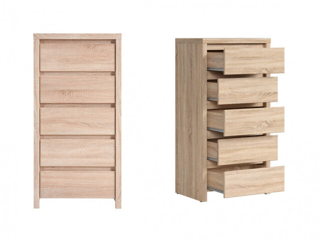 Modern Tallboy 5 Drawer Chest of Drawers Tall Slim Narrow Storage in Sonoma Oak 56cm - Kaspian - image 1
