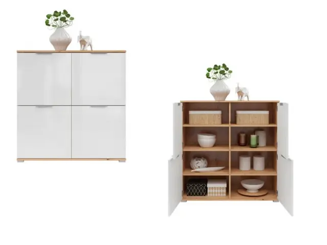 Sideboard Cabinet White Gloss Modern Square Small 4 Door Light Oak Storage Unit - Zele - image 1