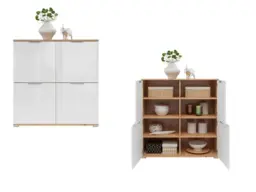 Sideboard Cabinet White Gloss Modern Square Small 4 Door Light Oak Storage Unit - Zele