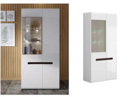 Glass Display Cabinet Tall Wide Showcase Unit White High Gloss with LED Light and Brown Black Gloss Insert - Azteca