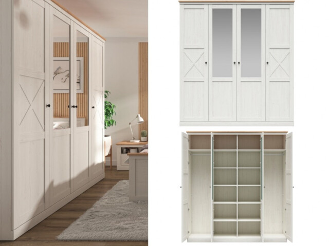 Four Door Wardrobe Quadruple Scandi Bedroom Mirror Storage Soft Close Doors White Pine Oak - Frija - image 1