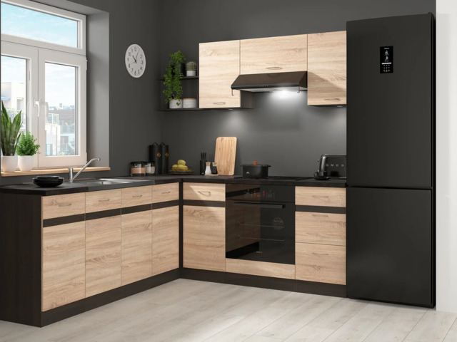 Fitted Kitchen Left Corner Set 9 Cabinet Unit Light Oak Wenge Wood Effect Freestanding Cupboard Complete - Junona - image 1