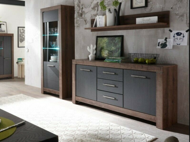Modern Wide Sideboard Dresser Storage Cabinet 2 Door Unit with 3 Drawers Oak/Black Effect Finish - Balin - image 1