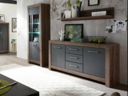 Modern Wide Sideboard Dresser Storage Cabinet 2 Door Unit with 3 Drawers Oak/Black Effect Finish - Balin