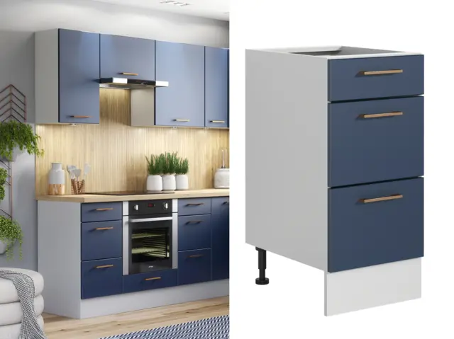 400mm Kitchen Drawer Unit Midnight Blue Narrow Slim Cabinet Dark Navy 3 Draw Cupboard - Nora - image 1