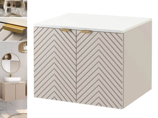 Bathroom Vanity Unit with White Countertop 600mm Herringbone Fluted Cashmere Beige Floating Cabinet - Cara - image 1