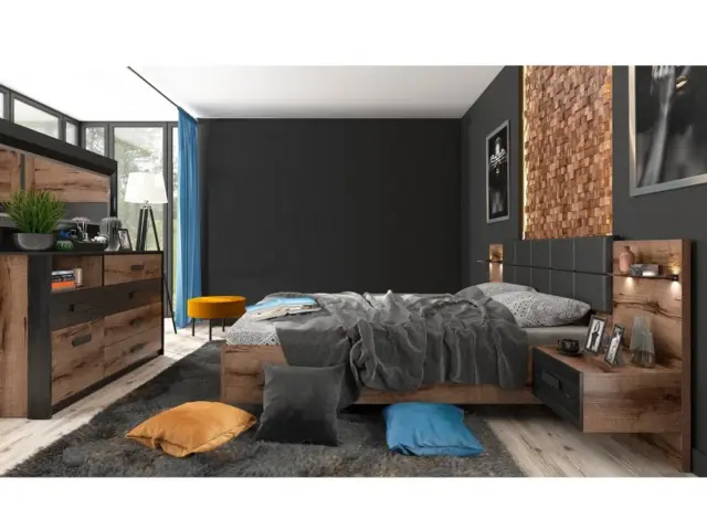 Super King Size Bed Frame Bedside Cabinets Drawers LED Light USB Wooden Dark Oak and Black Headboard - Kassel - image 1