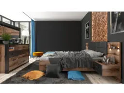 Super King Size Bed Frame Bedside Cabinets Drawers LED Light USB Wooden Dark Oak and Black Headboard - Kassel