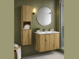 Slim Bathroom Cabinets Set Floating 600mm Vanity Unit with Sink and Tall Narrow Storage Shelving Oak - Nova - thumbnail 3