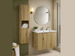 Slim Bathroom Cabinets Set Floating 600mm Vanity Unit with Sink and Tall Narrow Storage Shelving Oak - Nova - thumbnail 2