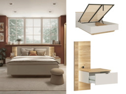 Beige Bed King Size Ottoman Lift Up Storage Frame with Bed Side Tables LED Lights USB USBC Charges - Glamour