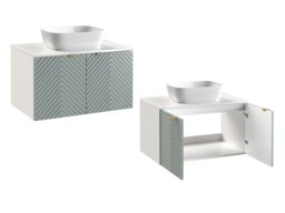 Wall Bathroom Set 800mm Vanity Cabine Sink Tall Storage Unit Ribbed Fluted Soft Green with White Worktop - Cara - thumbnail 3