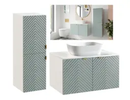 Wall Bathroom Set 800mm Vanity Cabine Sink Tall Storage Unit Ribbed Fluted Soft Green with White Worktop - Cara - thumbnail 2