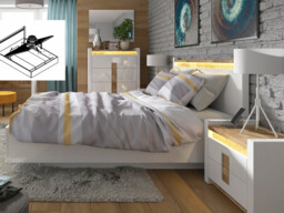King Size Bedroom Furniture Set: Ottoman Bed Bedside Units Chest of Drawers White Gloss Oak Effect - Alameda - thumbnail 1
