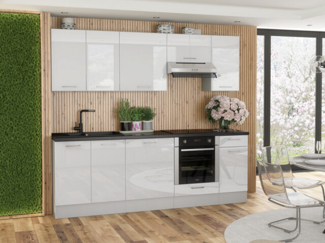Kitchen Cabinets Cupboards 8 Unit Set with Oven Housing Scandi White High Gloss DIY 240cm Complete Kitchen - Ella - image 1
