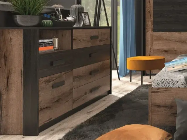 Sideboard Storage Unit Chest of 5 Drawers Open Shelf Bedroom Cabinet Modern Dark Oak and Black 150cm - Kassel - image 1