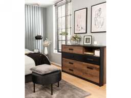 Sideboard Storage Unit Chest of 5 Drawers Open Shelf Bedroom Cabinet Modern Dark Oak and Black 150cm - Kassel - thumbnail 3