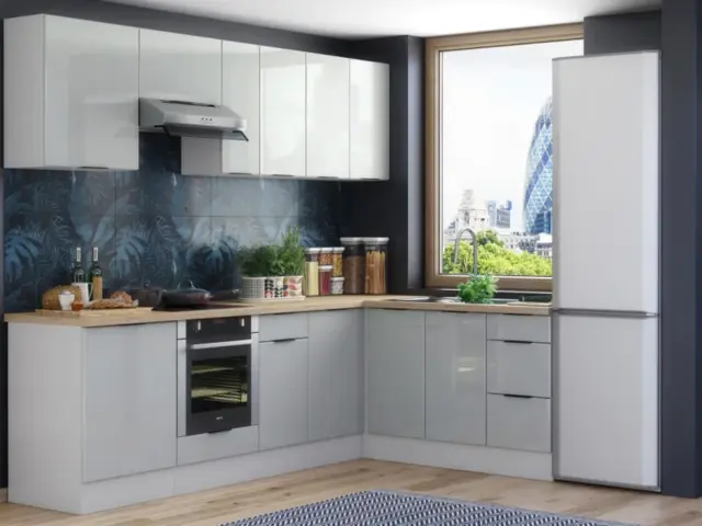 Kitchen Corner Cabinets L Shaped Set of 11 Cupboards with Oven Housing Unit Light Grey Gloss - Star - image 1