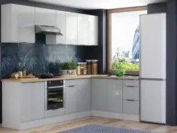 Kitchen Corner Cabinets L Shaped Set of 11 Cupboards with Oven Housing Unit Light Grey Gloss - Star - thumbnail 1