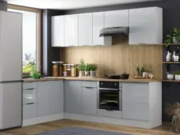 Kitchen Corner Cabinets L Shaped Set of 11 Cupboards with Oven Housing Unit Light Grey Gloss - Star - thumbnail 2