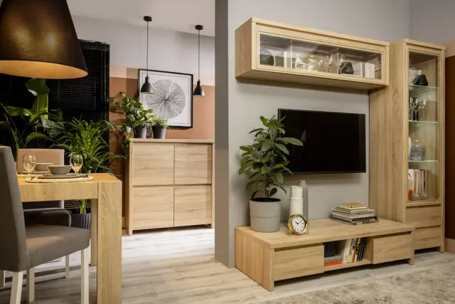 Modern Living Room Furniture Set Sonoma Oak TV Stand Sideboard Glass Cabinet Wall Shelf - Kaspian - image 1