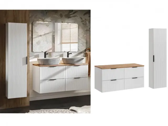 Double Vanity Unit 1200mm Fluted White Bathroom Oak Countertop Tall Cabinet Sinks Wall Set Ribbed Modern - Adel - image 1