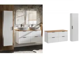 Double Vanity Unit 1200mm Fluted White Bathroom Oak Countertop Tall Cabinet Sinks Wall Set Ribbed Modern - Adel - thumbnail 1