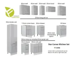 Kitchen Corner Cabinets L Shaped Set of 11 Units with 600mm Larder Cupboard Light Grey Gloss - Star - thumbnail 2