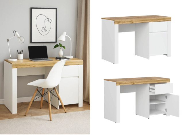 130cm Desk with Drawers Storage Cabinet Large Wide Computer Table Home Office Study White Gloss Oak Scandi - Holten - image 1