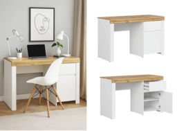 130cm Desk with Drawers Storage Cabinet Large Wide Computer Table Home Office Study White Gloss Oak Scandi - Holten - thumbnail 1