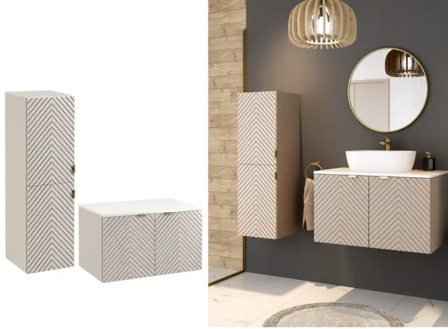 Bathroom Units Wall 800mm Vanity Cabinet and Tall Storage Tallboy Ribbed Fluted Cashmere Beige White Worktop - Cara - image 1