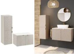 Bathroom Units Wall 800mm Vanity Cabinet and Tall Storage Tallboy Ribbed Fluted Cashmere Beige White Worktop - Cara