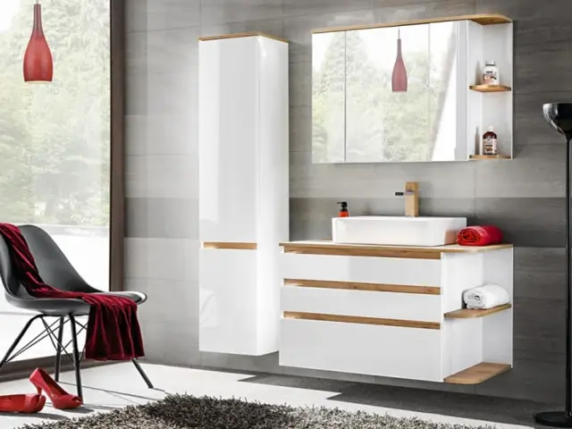 Bathroom Furniture Set Mirror Unit Tall Cabinet Wall 940mm Countertop Vanity Unit Sink White Gloss Oak Platinum - image 1
