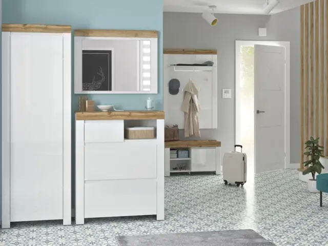 Hallway Furniture Set 5 Piece White Gloss Slim Storage Wardrobe Shoe Cabinet Oak Scandi - Holten - image 1